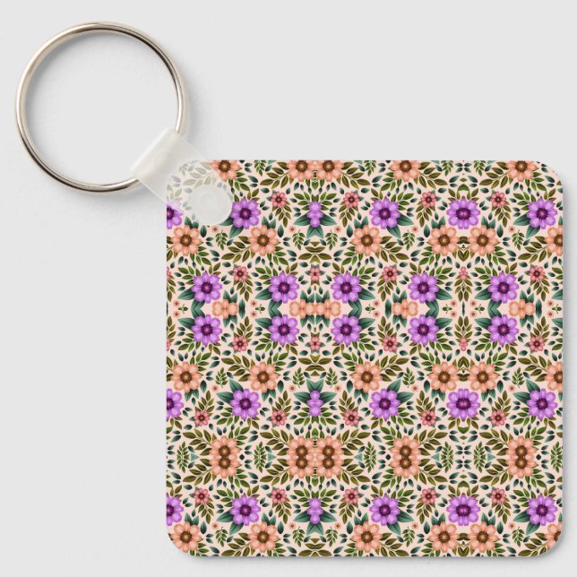 Llavero Square keychain showcasing a vibrant floral  (Anverso)