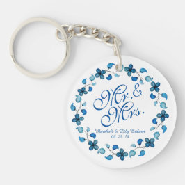 Llavero Sr. y Sra. Blue Watercolor Floral Boda Keychain