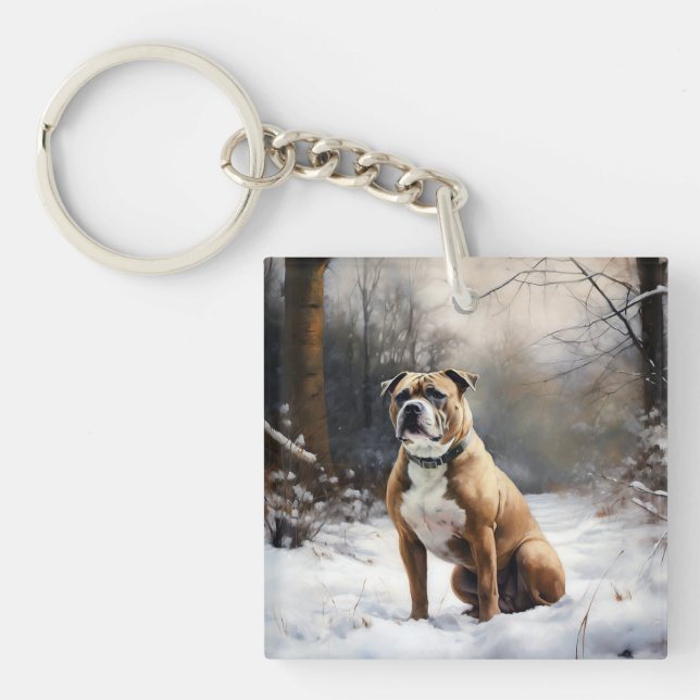 Llavero Staffordshire Bull Terrier Deja Que Nieva Navidade (Frente)