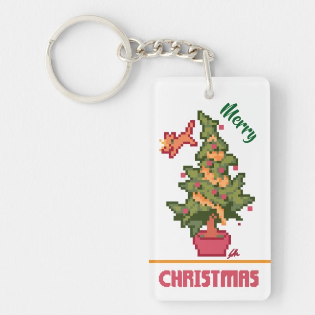 Llavero stealing cat, tree, Pixel Art, Merry Christmas  (Frente)
