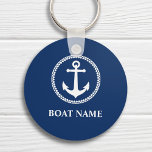 Llavero Su nombre de barco Ancla de mar Azul<br><div class="desc">Una cadena de claves con temática náutica personalizada con el nombre de tu barco, el apellido u otro texto deseado. Este diseño único cuenta con un ancla de barco vintage de fabricación personalizado con emblema de círculo de diamante en blanco sobre un fondo de azul marino clásico. Si es necesario,...</div>