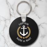 Llavero Su nombre de barco Capitán Anchor Laurel Navy Negr<br><div class="desc">Una cadena de claves personalizada con su nombre de barco, nombre de familia u otro texto deseado y título de capitán u otro rango según sea necesario. Con un ancla náutica diseñado por un personalizado, hojas de laurel de estilo dorado y emblema estrella sobre negro o ajustar fácilmente el color...</div>