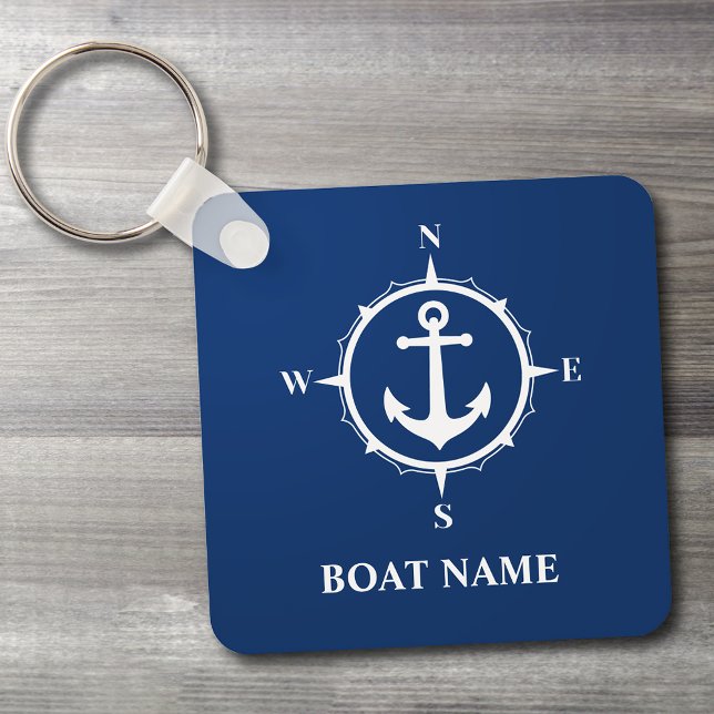 Llavero Su nombre de barco Compass Anchor Azul (Edit the design to change the background color if needed.)