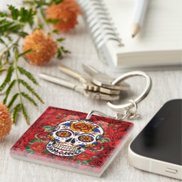 Llavero Sugar Skull Roses Rojos rosados Keychain Holidays