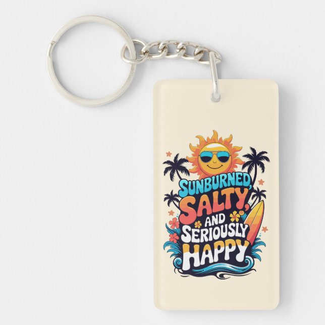 Llavero Sunburned Salty and Happy – Retro Beach Vibes (Frente)