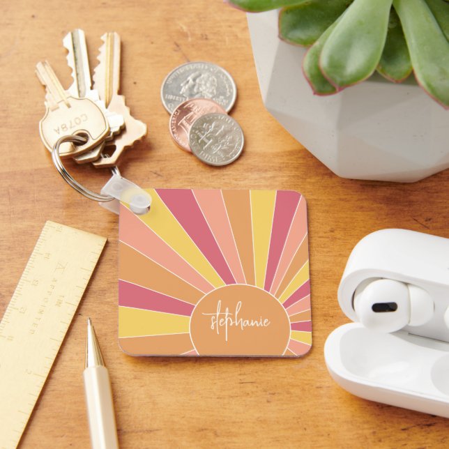 Llavero Sunrise de rayas retro - nombre de guión de arcoir (Escritorio )