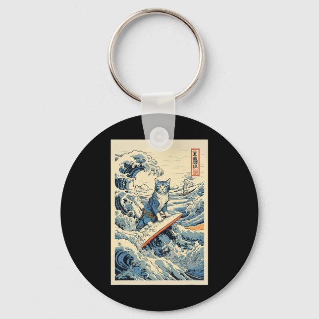 Llavero Surfing Cat Hokusai Great Wave Off Kanagawa Japane (Anverso)