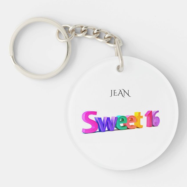 Llavero Sweet 16 keychain acrílico, nombre personalizado. (Frente)