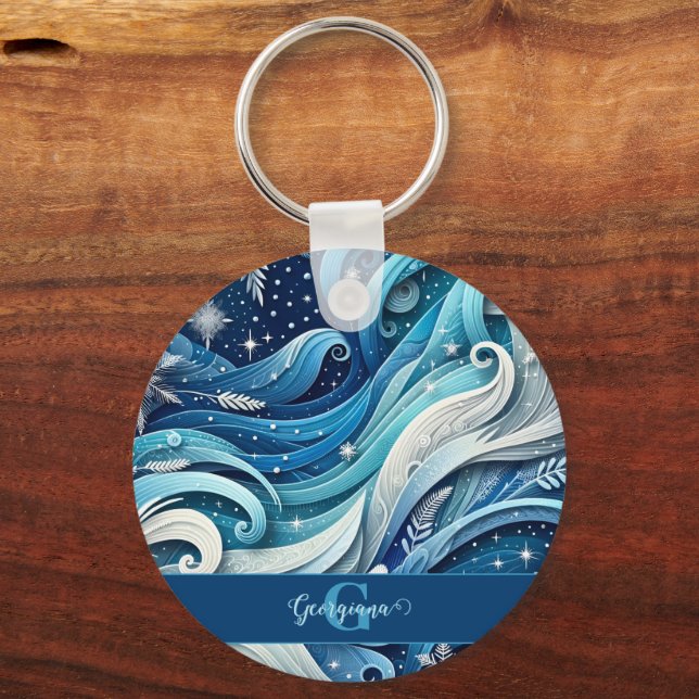 Llavero Swirls de invierno ondulado y azul y escarpado per (Anverso)