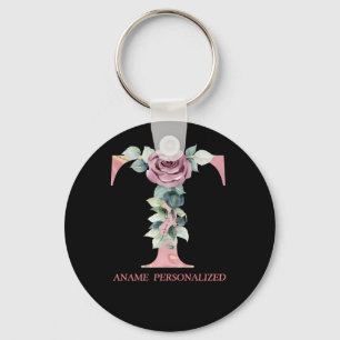 Llavero T Floral Monograma Letras de nombre Agate rosa Key