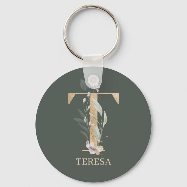 Llavero T Monograma Floral Personalizado Keychain (Anverso)