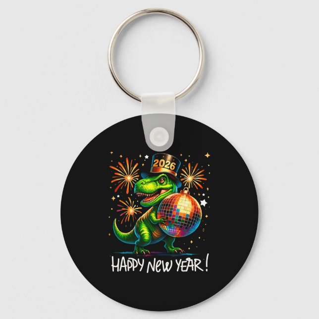 Llavero T Rex Happy New Year 2026 Disco Ball Fireworks Tee (Anverso)