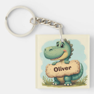 Llavero T-Rex juguetón con letrero de nombre de piedra