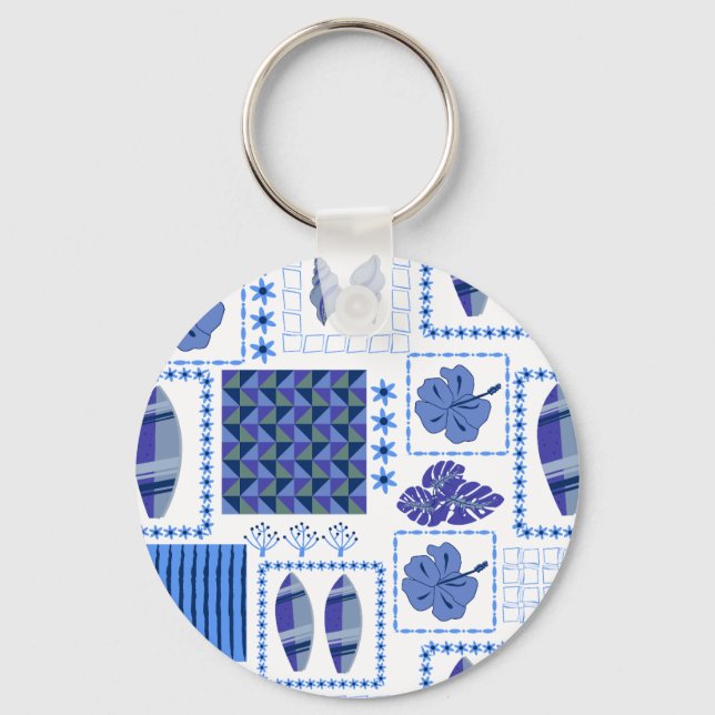 Llavero Tabla de surf tropical azul patrón de hibisco (Anverso)