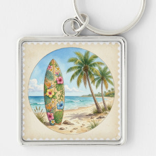 LLAVERO TABLA DE SURF TROPICAL COLORIDA EN LA PLAYA