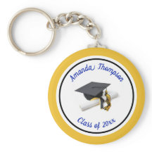 Tapa de graduación azul y amarilla y tassel