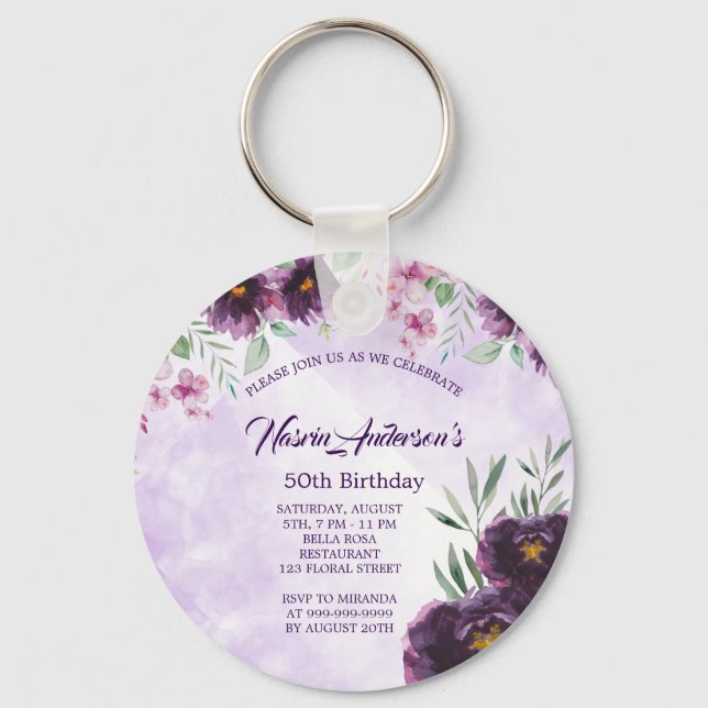 Llavero Tarjeta de Invitación de Cumpleaños con Flores Mor (Anverso)