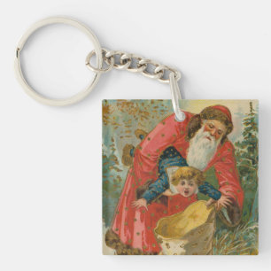 Llavero Tarjeta de Navidad antigua, Papá Noel, Niño travie