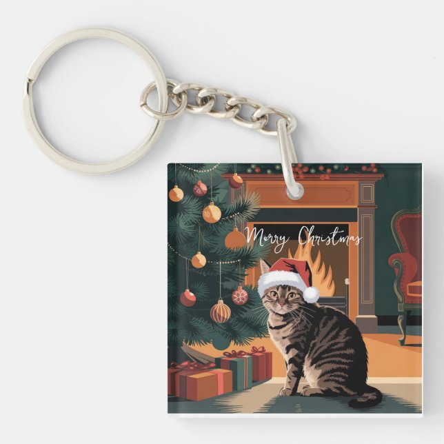 Llavero tarjeta de Navidad de gato atigrado vintage lindo (Frente)