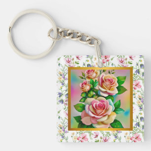 Llavero Tarjeta de Rosa de Acuarela Elegante del Día de la