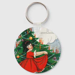 Llavero Tarjeta postal retro de Navidad, niño y árbol de N