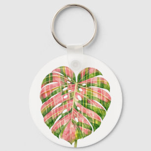 Llavero Tartan rosa Monstera escocés Acuarela Botánico