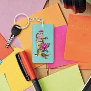 Llavero Tatuaje de dragón chino verde en negrita con flor 
