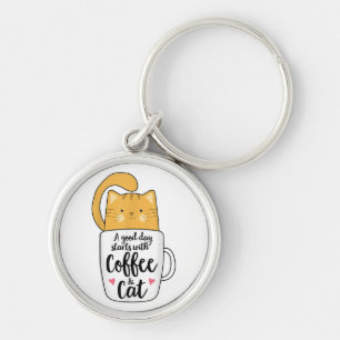 Llavero Taza De Café Gato Naranja Divertida Amante Gatos