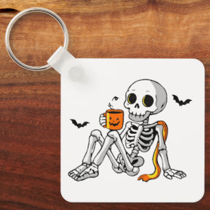 Llavero Taza de esqueleto de Halloween acogedor con café y