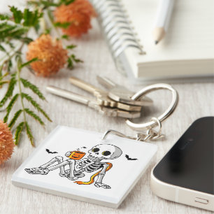 Llavero Taza de esqueleto de Halloween acogedor con café y