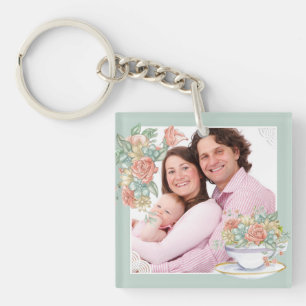 Llavero Taza de té floral en acuarela con foto personaliza