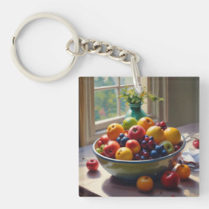 Llavero Tazón de fruta en la mesa pintura al óleo clásico