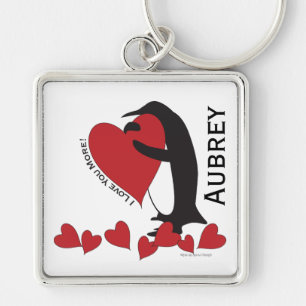 Llavero ¡Te amo más! Pingüino y corazón rojo