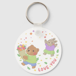 Llavero Te amo: Oso de Teddy y conejo con flores