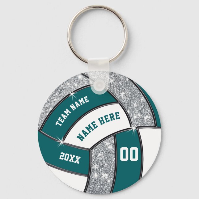 Llavero Teal, White, Silver Volleyball Keychains Your Text (Anverso)