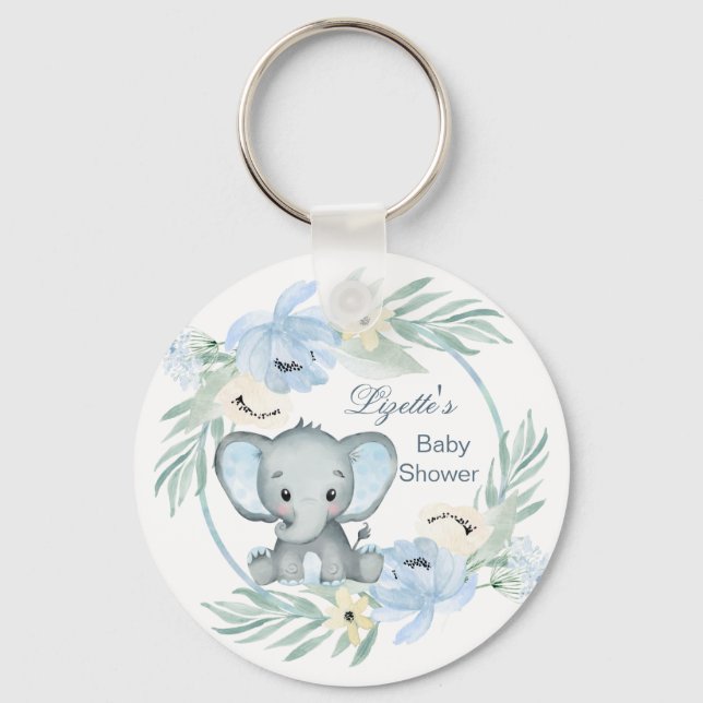 Llavero Tecla Floral azul elefante Baby Shower Button (Anverso)