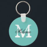 Llavero Tecla monograma de nombre azul turquesa personaliz<br><div class="desc">Cadena de claves monograma personalizada de nombre azul turquesa. Letra inicial vintage con tipografía de escritura elegante. Idea de regalo de favor para mujeres y chicas de moda. Haz tu propio regalo monogramado para boda elegante, ducha de novia, soltera, fin de semana de chicas, compromiso, aniversario, cumpleaños, etc. Diversión por...</div>