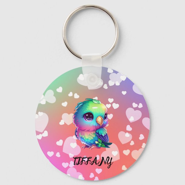 Llavero Tecla para aves y corazones arcoiris (Anverso)