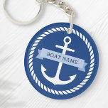Llavero Teclas de nombre de barco de borde de cuerda de an<br><div class="desc">Cadena acrílica para las llaves de tu barco con un ancla náutica blanca rodeada por un borde de cuerda sobre un fondo azul oscuro. Al otro lado del ancla hay una cinta azul claro con un campo de plantilla para el nombre del barco.</div>