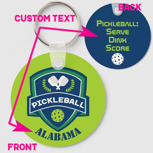 Llavero texto personalizado Baloncesto de dos lados (Green and navy blue pickleball keyring with 2 sided custom text. Great as gift for pickleball player)