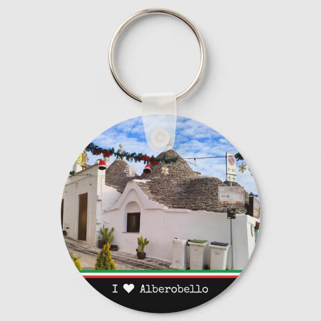 Llavero texto personalizado, casas de trulli en Alberobell (Anverso)