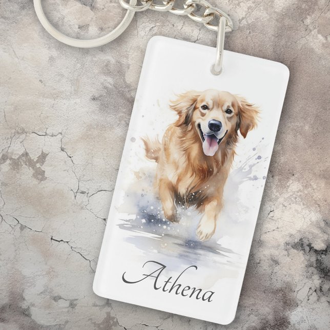 Llavero Texto personalizado de la acuarela del recuperador (Golden retriever watercolor custom name text keychain)