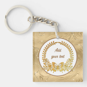 Llavero Texto personalizado, mariposa de oro elegante y fl