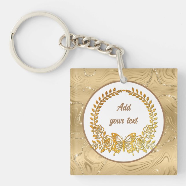 Llavero Texto personalizado, mariposa de oro elegante y fl (Frente)