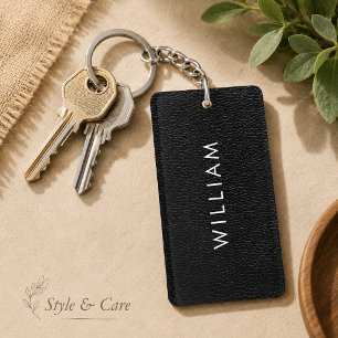 Llavero Textura de cuero negro elegante con nombre persona