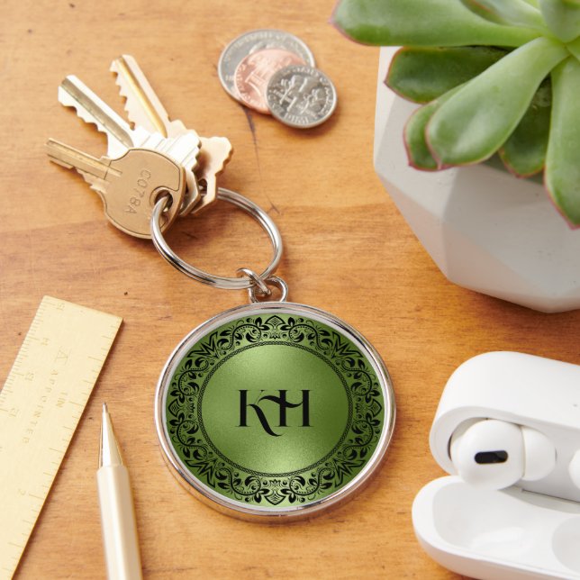 Llavero Textura verde irrisoria de círculo floral negro (Escritorio )