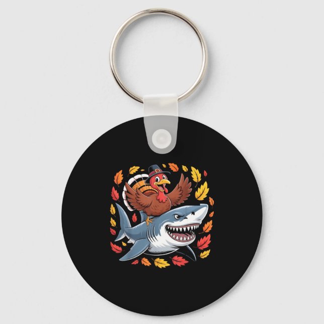 Llavero Thanksgiving Turkey Riding Shark Funny Autumn Boys (Anverso)