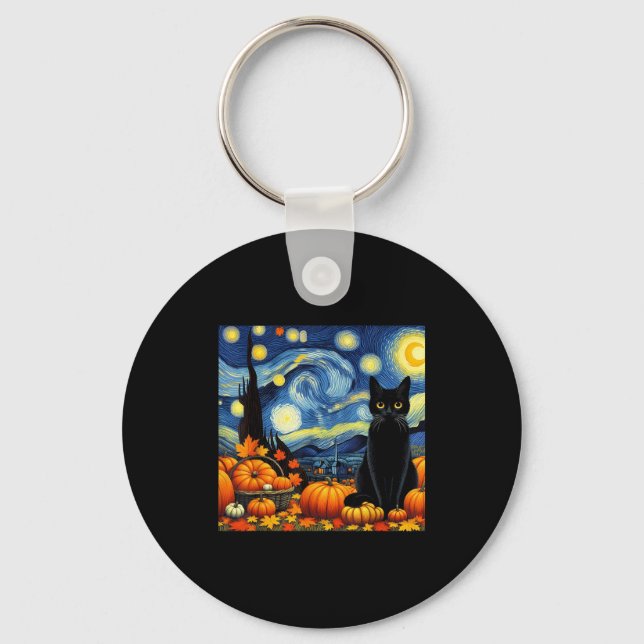 Llavero Thanksgiving Van Gogh Starry Night Black Cat Pumpk (Anverso)