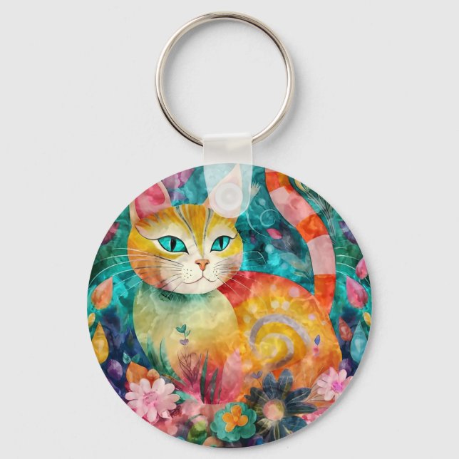 Llavero The Cat with Striking Green Eyes in Flower Garden (Anverso)