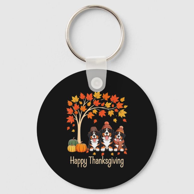 Llavero Three Bernese Mountain Dogs Fall Tree Happy Thanks (Anverso)